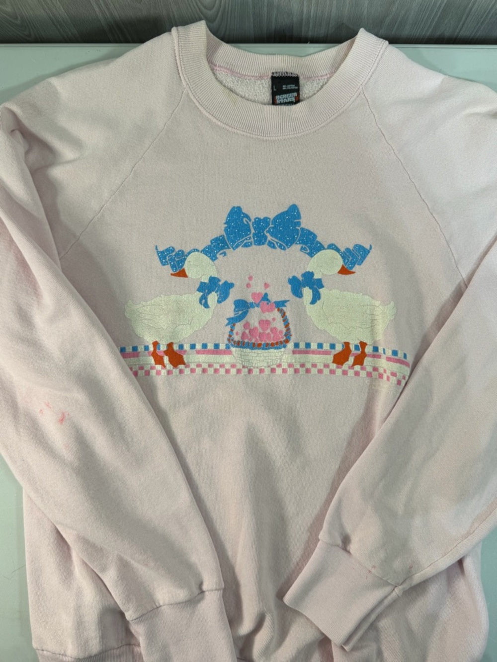 Vintage Country Geese Grandma Core 90s Sweatshirt Size L Pink Check Ribbon Mom - Picture 3 of 10
